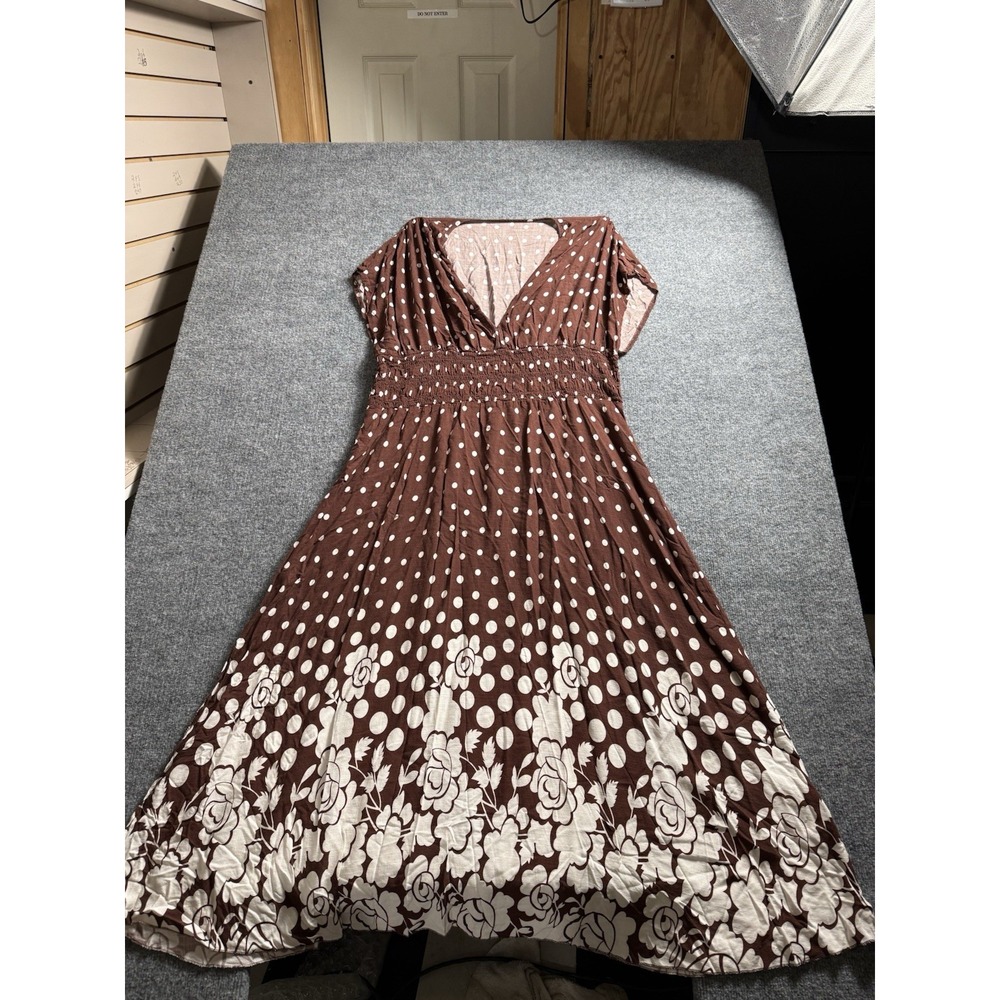 Brown Polka Dot Floral Border Print Midi Dress Smocked Waist V-Neck Short Sleeve